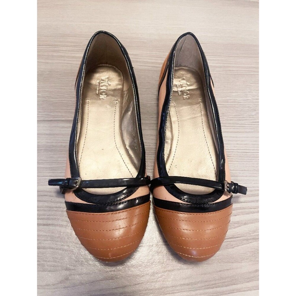 Victor Alfaro Mary Jane Flats Tan Black Patent Leather Women's Size 7.5 Academia